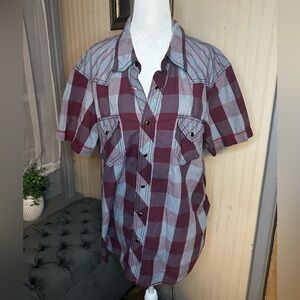 Arizona Jean Co Plaid Western Snap Shirt Boys XL Red Blue Short Sleeve Cowboy
